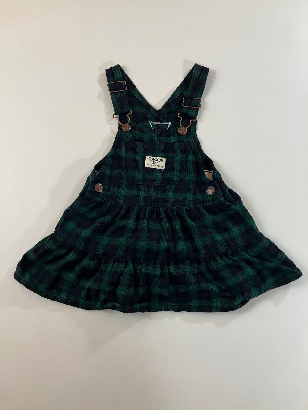 OshKosh B’gosh Girls 2T Green Navy Plaid Overall Jumper Dress 100% Cotton